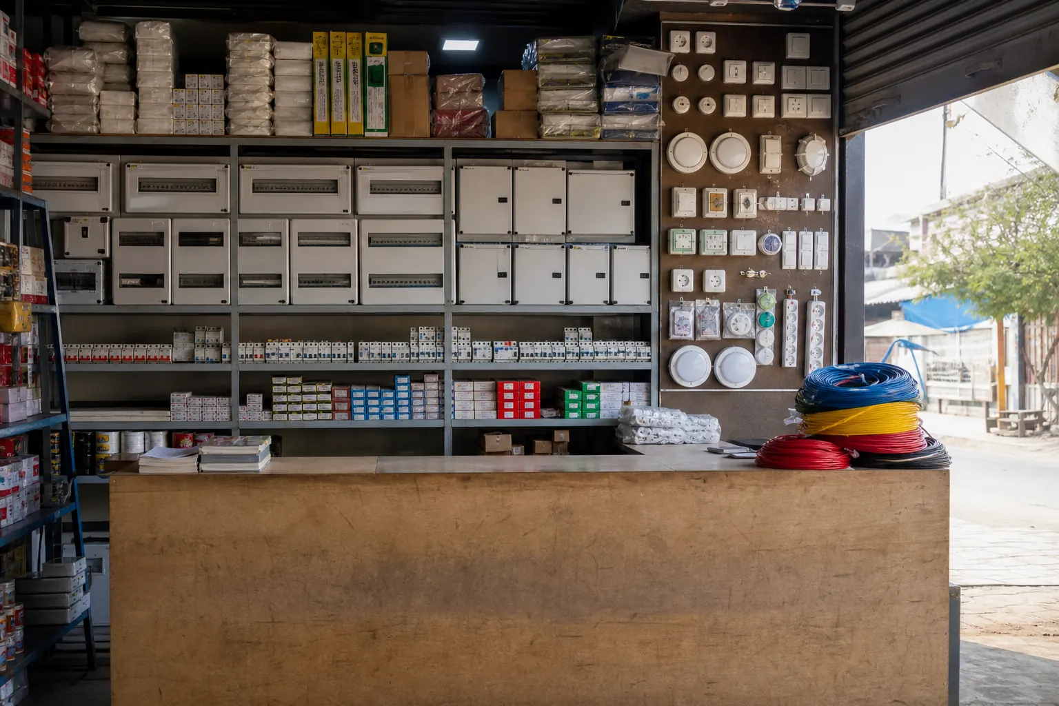 Electrical trade counter with distribution boards and fittings