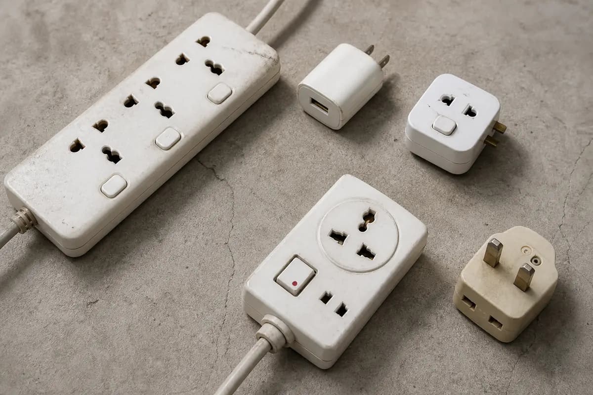 Extension boards plugs and adapters flat lay