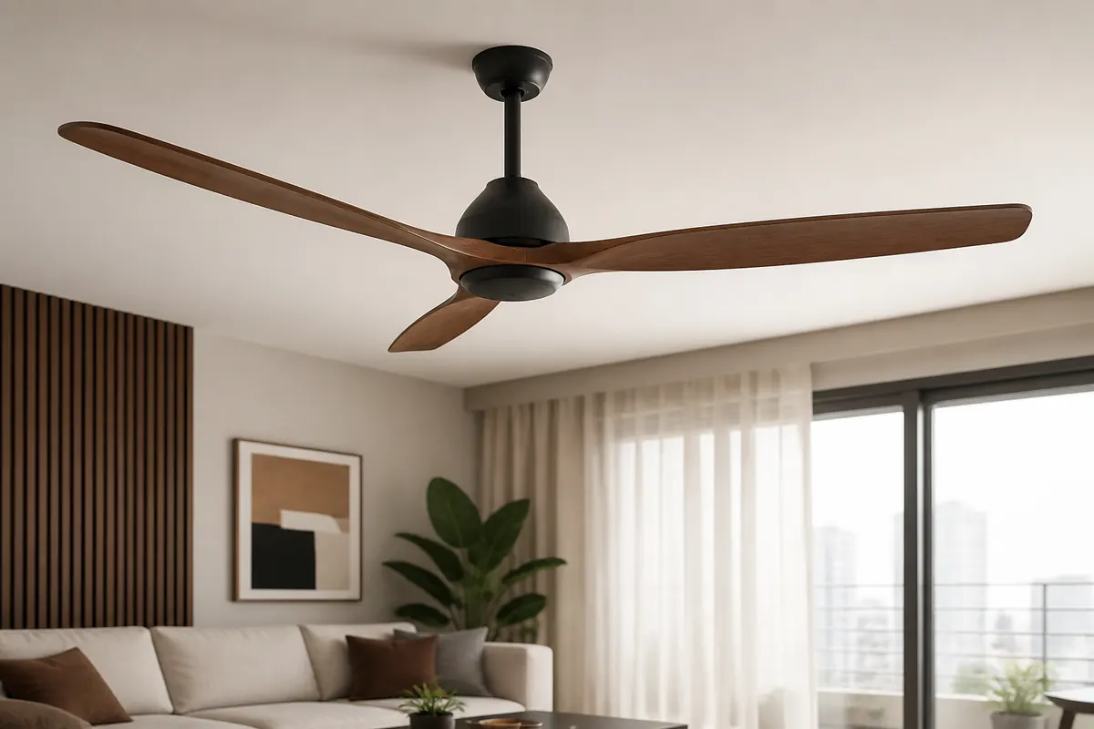 Ceiling fan installed in a bright living room