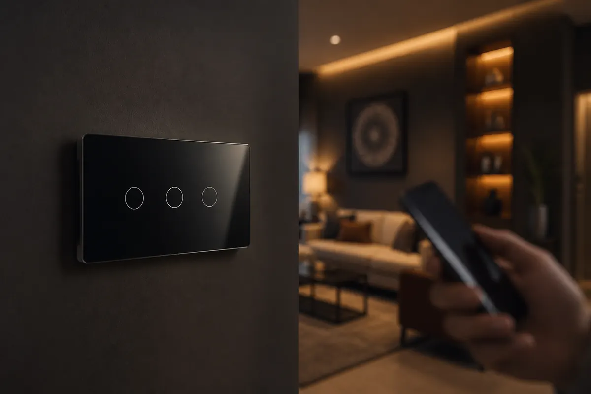Touch smart switch on a dark living room wall