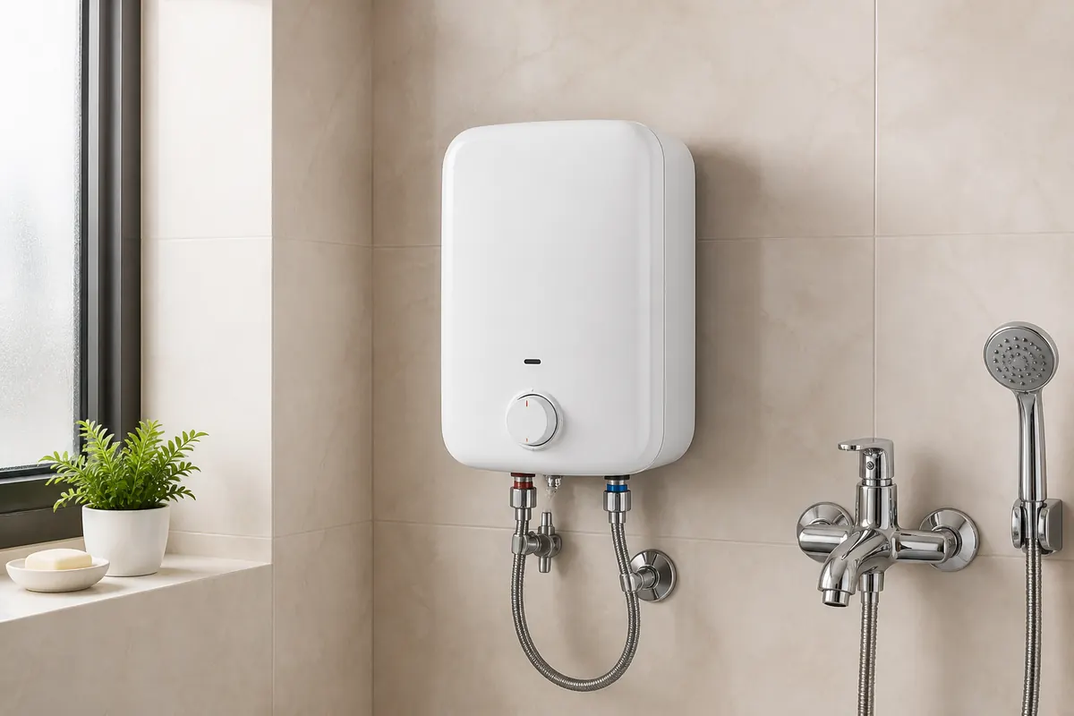 Instant water heater on a bathroom wall
