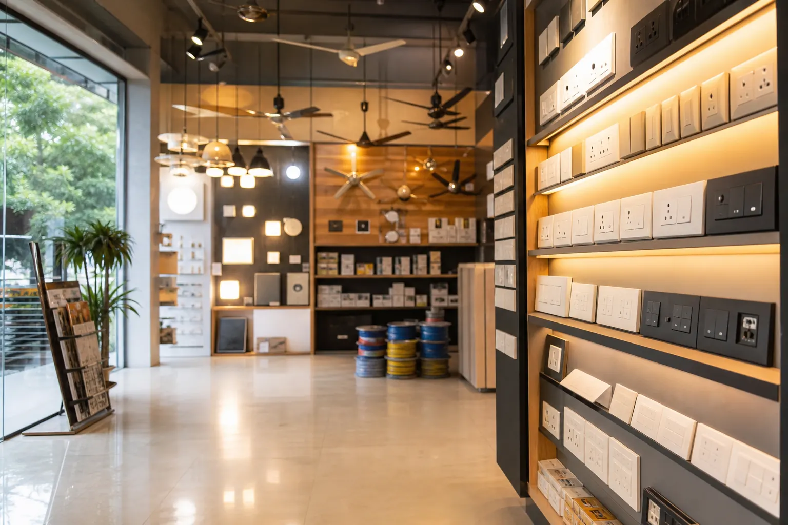 Premium electrical products showroom with lighting and appliance displays